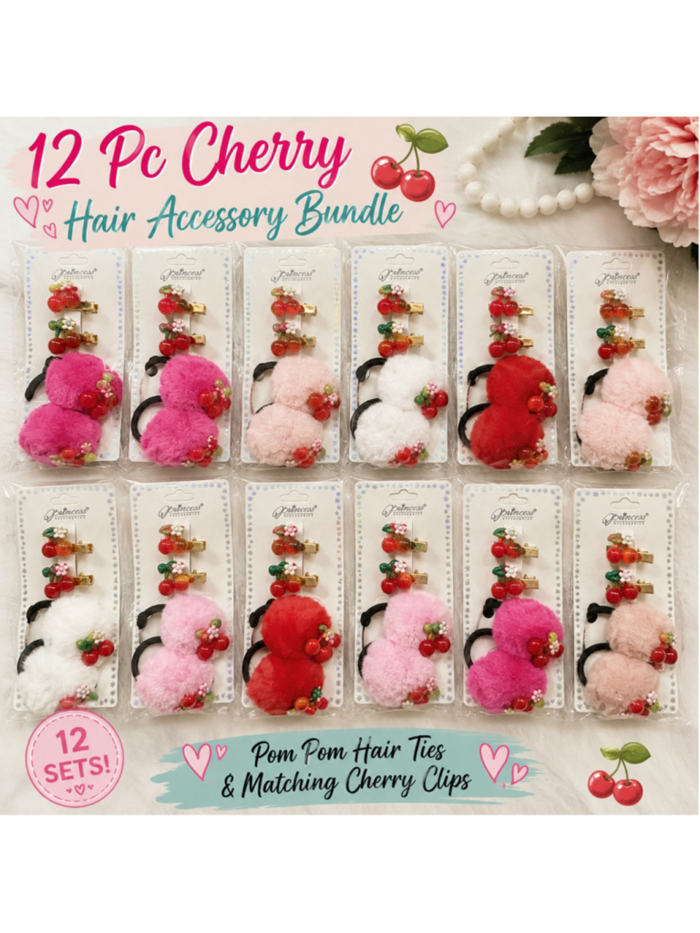 12 Pc Cherry Hair Accessory Bundle | Pom Pom Hair Ties & Matching Clips Kawaii C